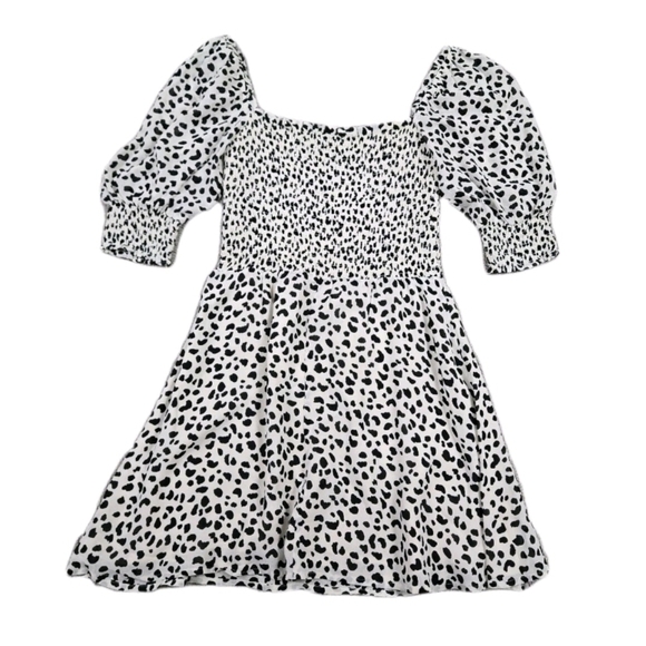 Reformation Elle Mini Dress Black White Ocelot Animal Print Smocked Puff Sleeves - Picture 3 of 14